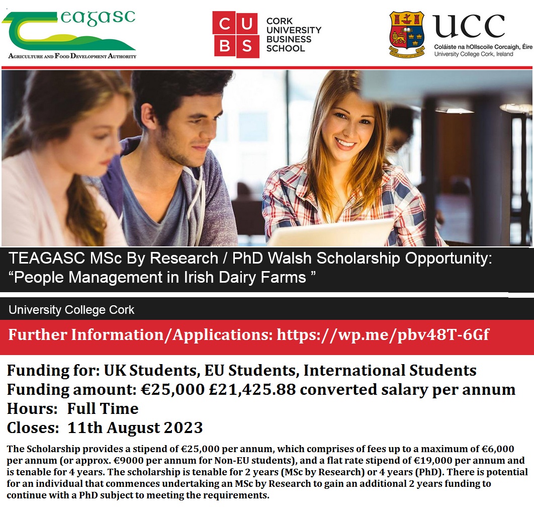 agristok's tweet photo. �� MSc By Research / PhD Scholarship on People Management in Irish Dairy Farms at University College Cork, Ireland 🇮🇪... Please Retweet and spread the word! For details visit: https://t.co/85rYTtVrEd https://t.co/PacJhTXb9W