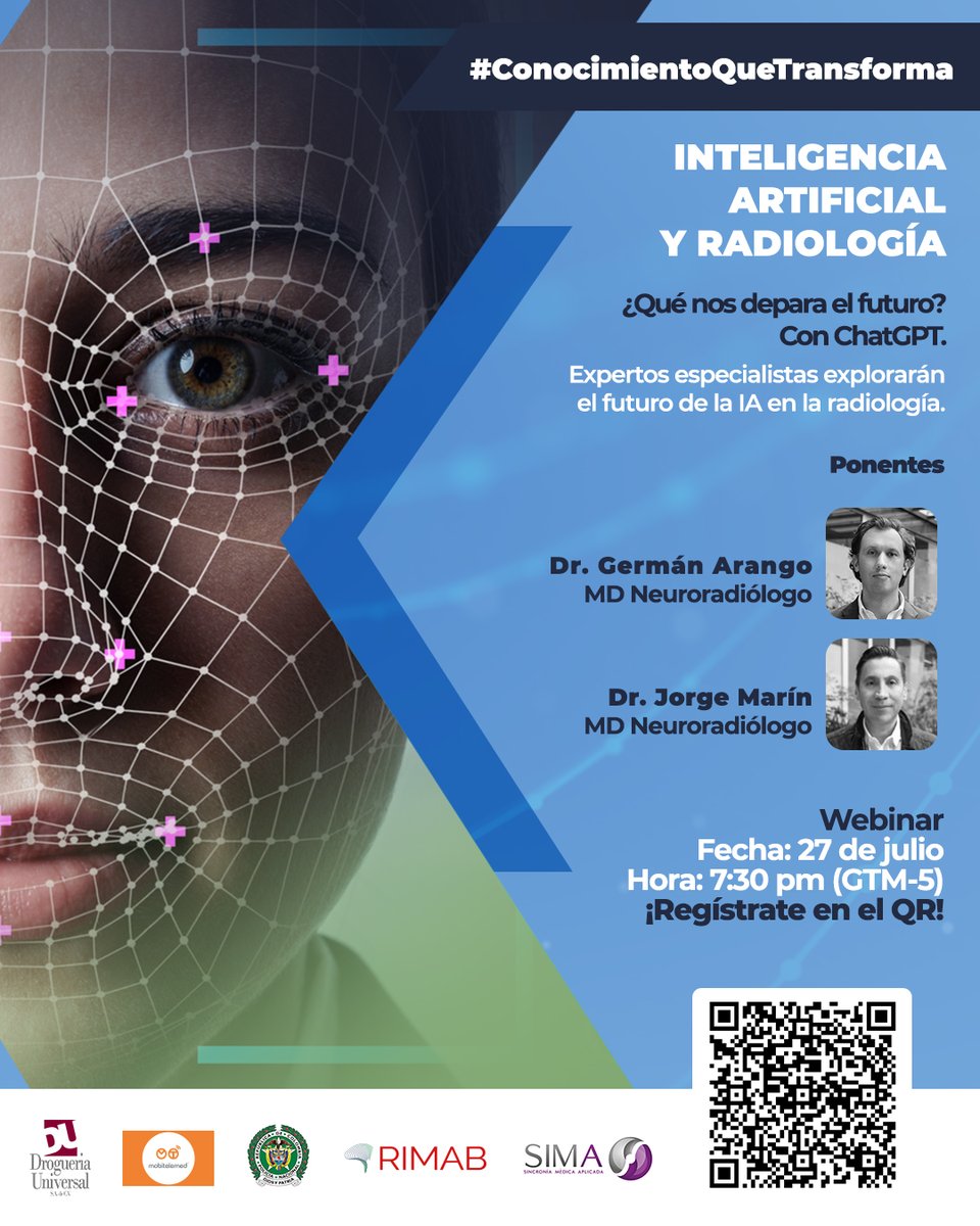 DrGermanArango's tweet photo. HOY 27 de julio a las 7:30 PM(GMT-5) estaré conversando con el Dr. Jorge Marín sobre cómo la Inteligencia Artificial,incluido ChatGPT y otras IA, pueden mejorar la precisión y eficacia en el diagnóstico y tratamiento de enfermedades.¡Todos invitados! Regístrese en el código QR https://t.co/QXU5CtAywa