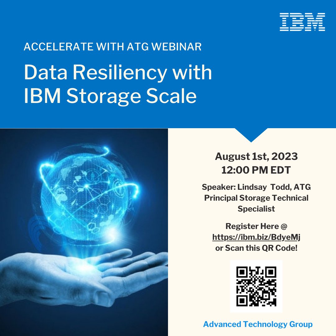 Join Advanced Technology Group 8/1 12pm ET to learn Storage Scale, IBM's file system for unstructured data. Learn features to recover from disasters, defend against cyber-intrusions, support air-gapped designs for data-resiliency. 
Register @  buff.ly/3Qw3Guv