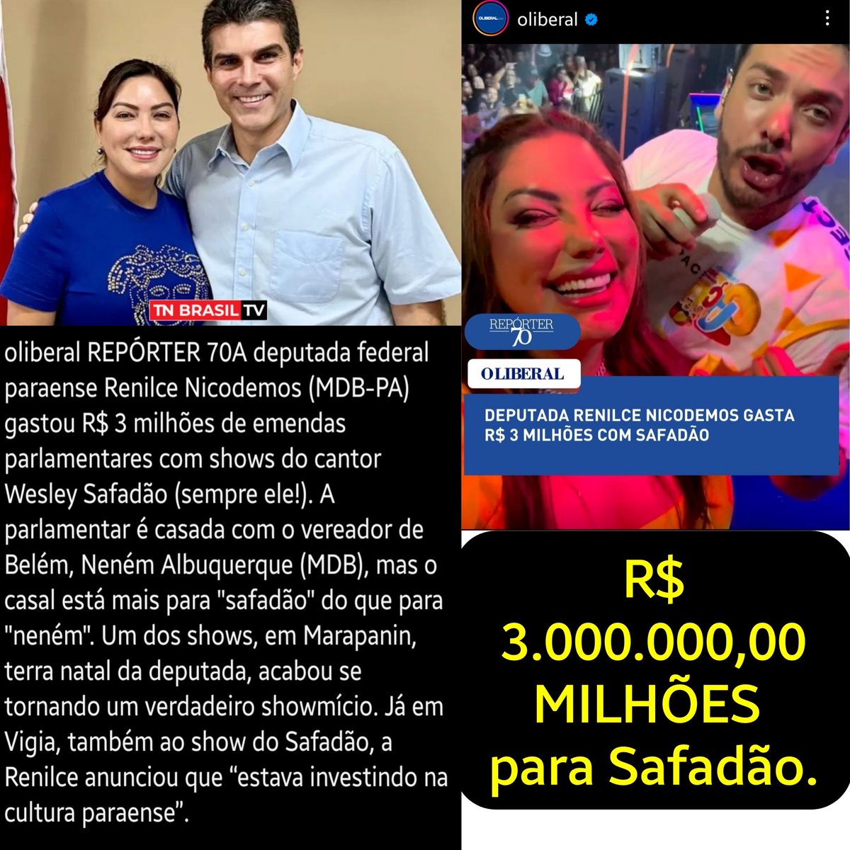 SindSINSATAP's tweet photo. A Renilce esposa do Neném. 

A deputada Estadual Renilce Nicodemos (MDB/Pa), esposa do vereador por Belém o Neném, parece que aprendeu bem a mal utilizar o dinheiro público com seu professor Hélder Barbalho (MDB/Pa) colocando no bolso do cantor Wesley Safadão 3 milhões de reais. https://t.co/wHMrOhGZEq