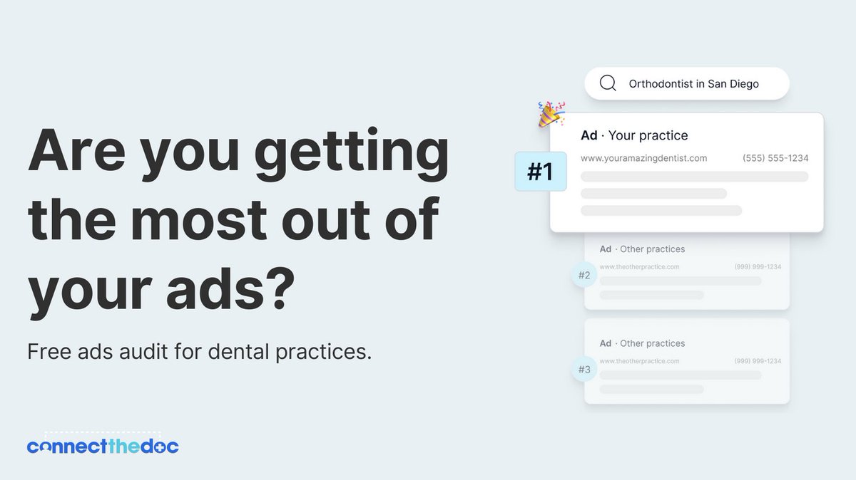 connectthedoc's tweet photo. Attention Dental Practice Owners!

Supercharge your advertising efforts and maximize ROI! Get a FREE paid ads audit exclusively for dental practices.

Discover untapped opportunities, optimize campaigns, and attract more patients.

Claim your audit now by DMing us “Paid Ads”! https://t.co/d1BZW3FFAS