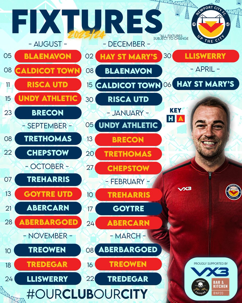 𝗙𝗶𝘅𝘁𝘂𝗿𝗲 𝗟𝗶𝘀𝘁

Below are our fixtures for the 2023/24 season!

If you'd like to contact us about Sponsorship, email info@newportcityfc.com!

#OurClubOurCity 🔵