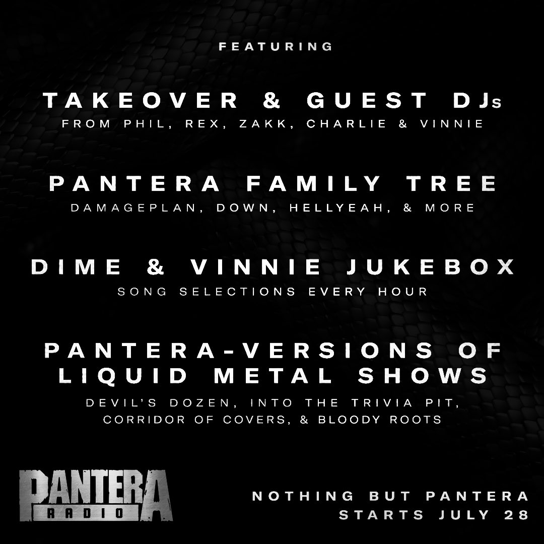 josemangin's tweet image. Pantera Radio🔥🔥🔥

Starts:  Fri 7/28 @ 3am ET
Ends:  Fri 8/4 @ 3am ET

For the Fans, For the Brothers, For Legacy

For one week @sxmliquidmetal @siriusxm melts down into @Pantera Radio!

Molten Metal from the Texas titans every hour &amp;amp; a shit ton more!

blog.siriusxm.com/pantera-radio-…