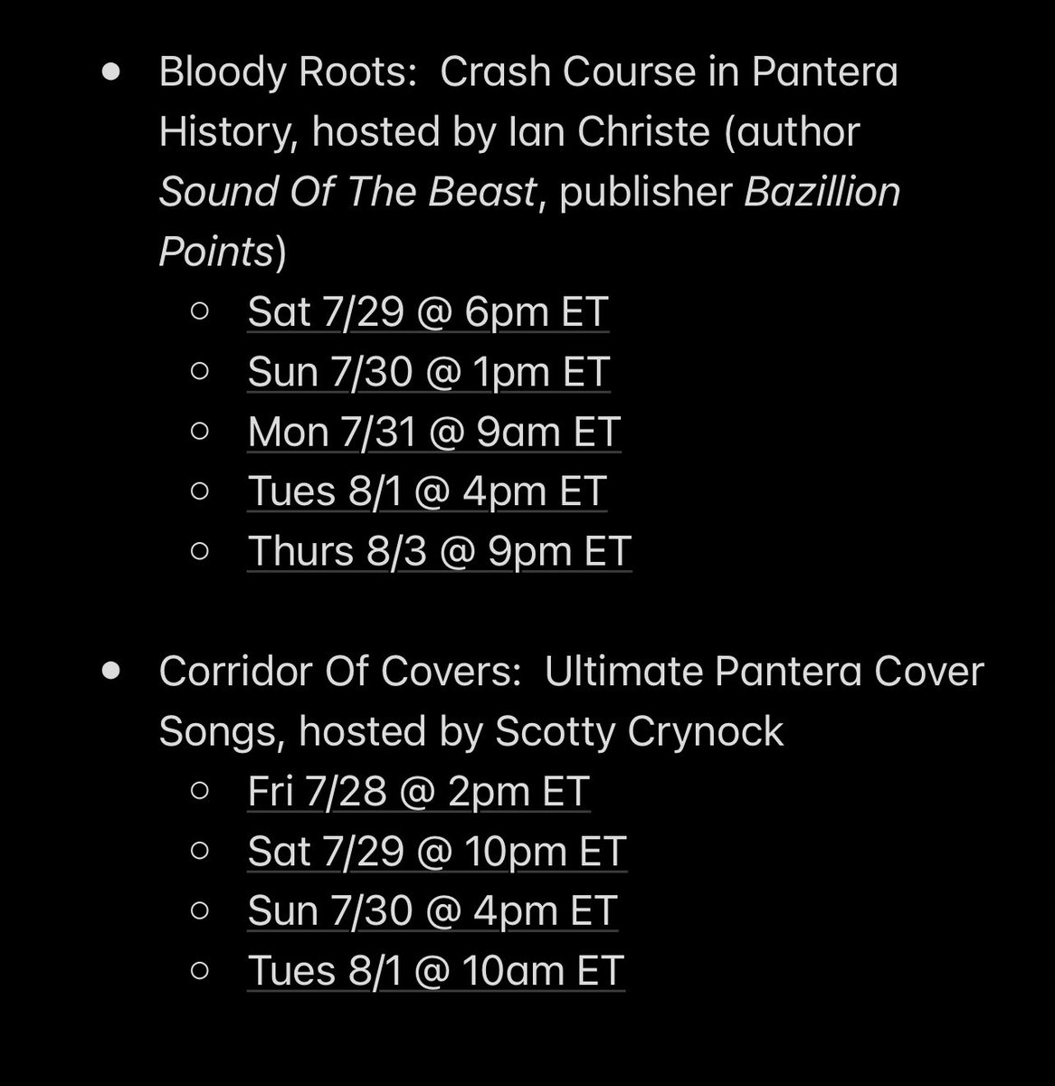 josemangin's tweet image. Pantera Radio🔥🔥🔥

Starts:  Fri 7/28 @ 3am ET
Ends:  Fri 8/4 @ 3am ET

For the Fans, For the Brothers, For Legacy

For one week @sxmliquidmetal @siriusxm melts down into @Pantera Radio!

Molten Metal from the Texas titans every hour &amp;amp; a shit ton more!

blog.siriusxm.com/pantera-radio-…