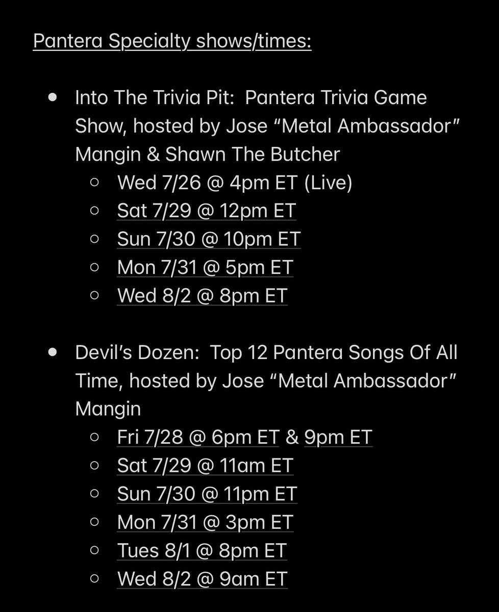 josemangin's tweet image. Pantera Radio🔥🔥🔥

Starts:  Fri 7/28 @ 3am ET
Ends:  Fri 8/4 @ 3am ET

For the Fans, For the Brothers, For Legacy

For one week @sxmliquidmetal @siriusxm melts down into @Pantera Radio!

Molten Metal from the Texas titans every hour &amp;amp; a shit ton more!

blog.siriusxm.com/pantera-radio-…