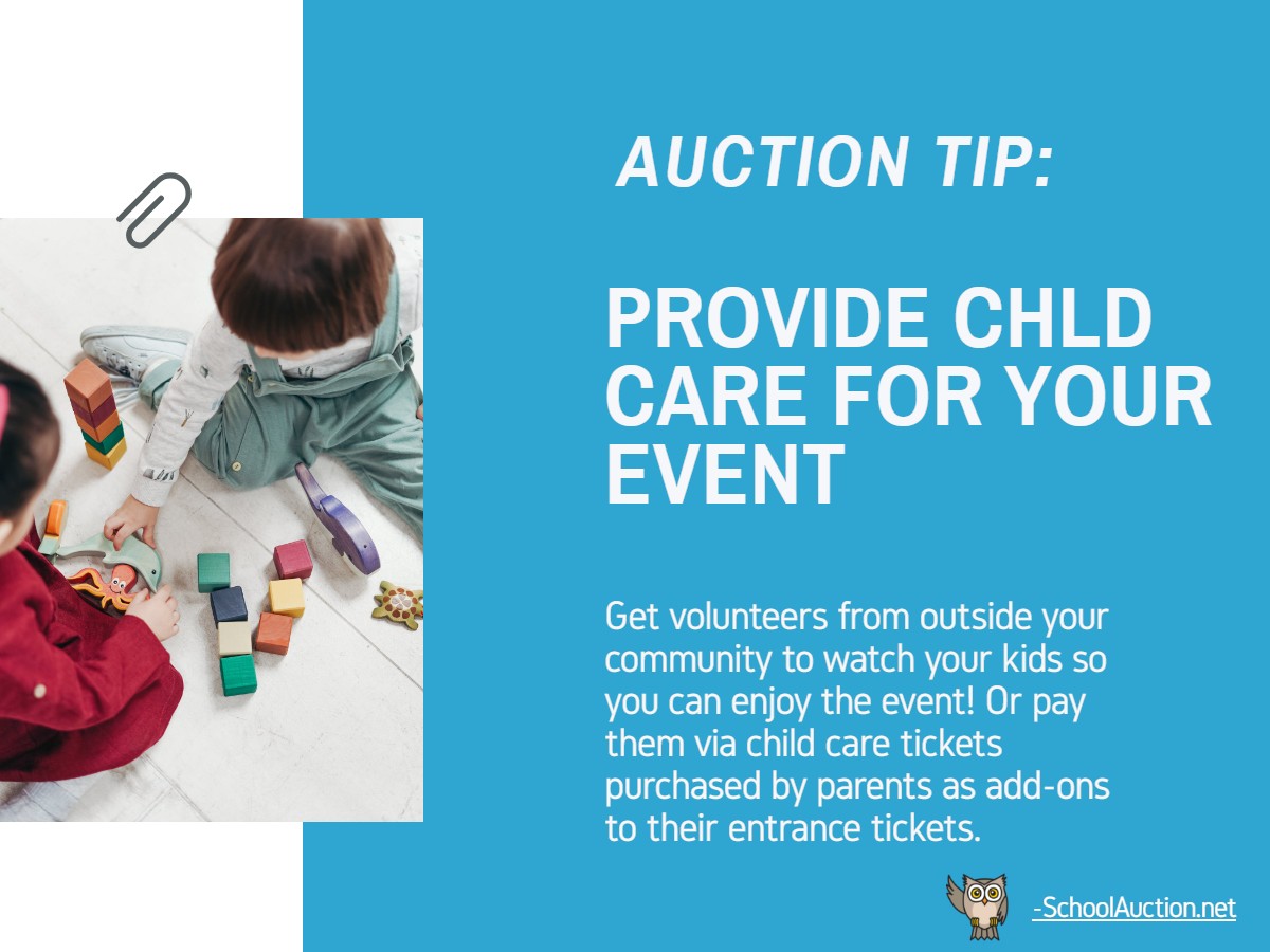schoolauction's tweet image. Auction Tip - Provide childcare for your event 👨🏼‍👩🏽‍👧🏻‍👦🏿

Get volunteers from outside your community to watch your kids so you can enjoy the event! Or pay them via childcare tickets purchased by parents as add-ons to their entrance tickets. 

#schoolauction #auctiontips #events