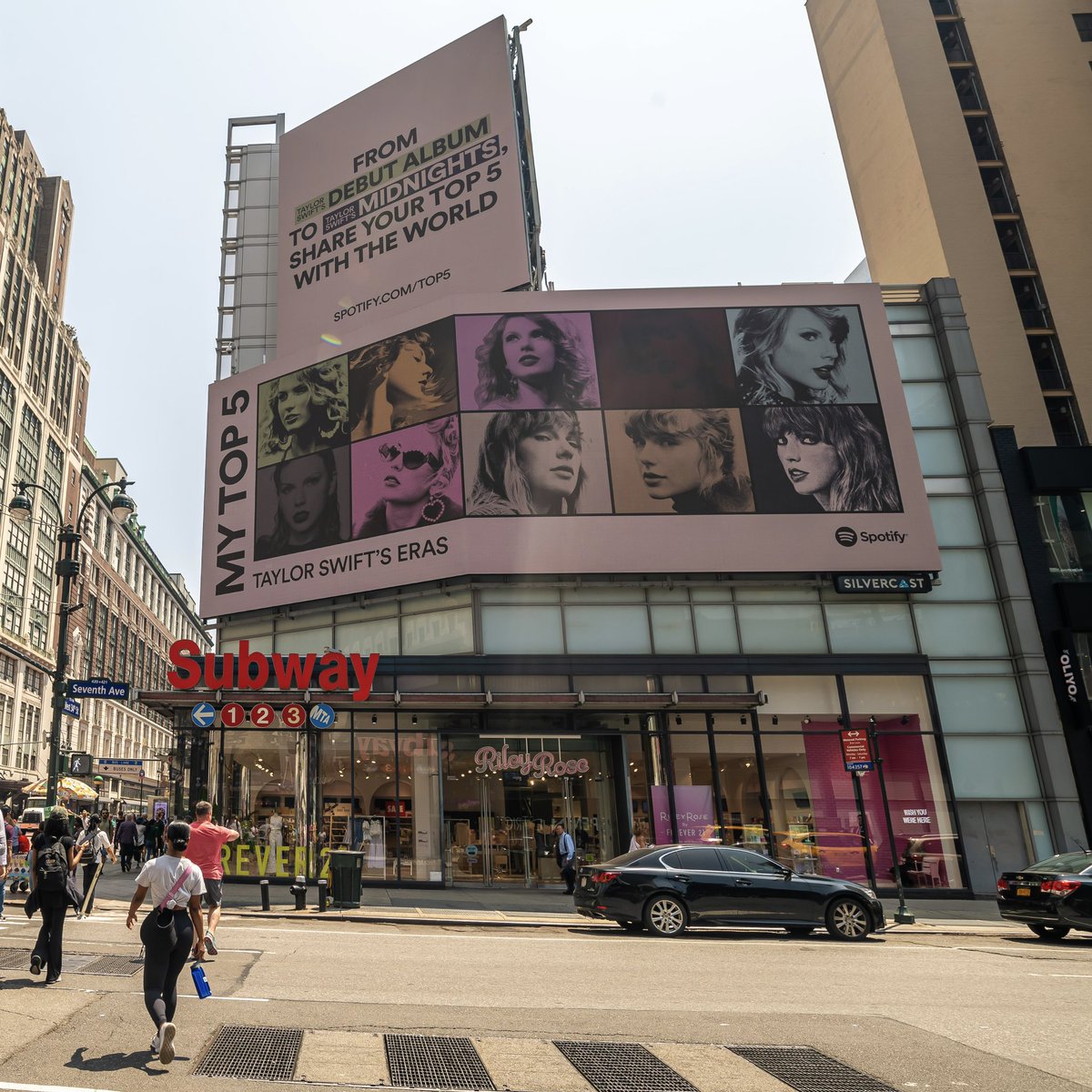 taylornation13's tweet photo. Just breathe, just relax, it’ll be okay. You CAN share your #SpotifyTop5, the rest will still love you. Look at the Eras shine on their billboards in NYC, Nashville, and LA. 💚💛💜♥️🩵🖤🩷🩶🤎💙 https://t.co/I0jPbwYgTx