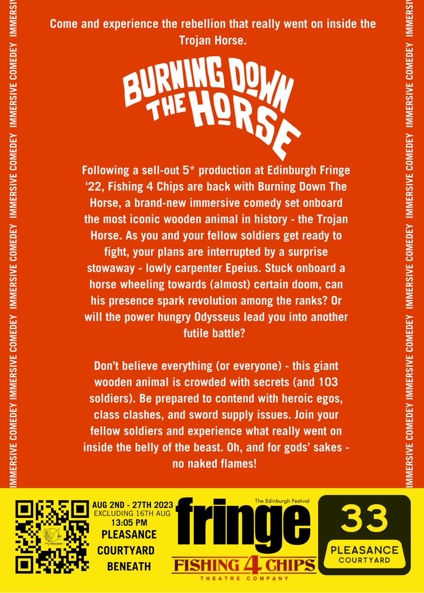 hannahharquart's tweet image. Hello! This is super cool of you - I’m a producer taking up our show ‘Burning Down The Horse’ an immersive comedy about being stuck inside the Trojan Horse. We’re all emerging creatives bringing laughs, horses and burning xo (and we’d LOVE something nice haha) @Fishin4Chips