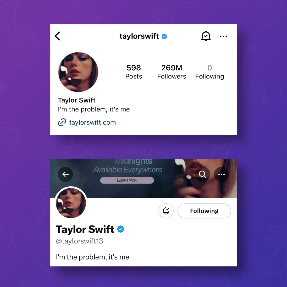 PopBase's tweet photo. Taylor Swift changes her social media layouts back to the ‘Midnights’ era, weeks after the release of ‘Speak Now (Taylor’s Version).’ https://t.co/AFqi1I8WkA