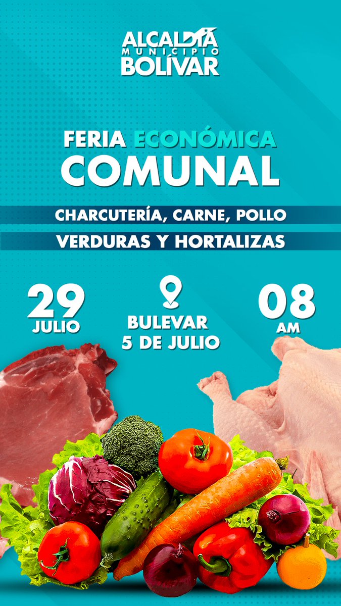 sugeyherreram's tweet photo. Buenas tardes herman@s! 

El sábado vamos a tener una Feria Económica Comunal en el Bulevar 5 de Julio a las 8AM.

Podrán comprar charcutería, carne, pollo verduras y hortalizas a precios solidarios! https://t.co/KDL2HySiJF