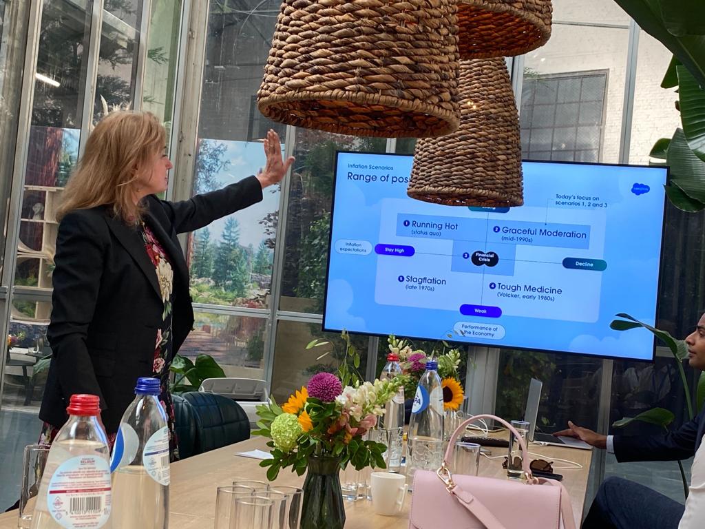 MiadeKuijper's tweet photo. Brussels Salesforce WorldTour about AI+Data+CRM: leading Round Table on AI and #Economic #Scenarios with CXOs from a wide range of industries and financial institutions. We explored the Running Hot and the Graceful Moderation scenarios. While inflation was of great concern, we also speculated on sources of surprising economic strength (like #AI and implementation of #digitaltransformation.) @salesforce #CRM