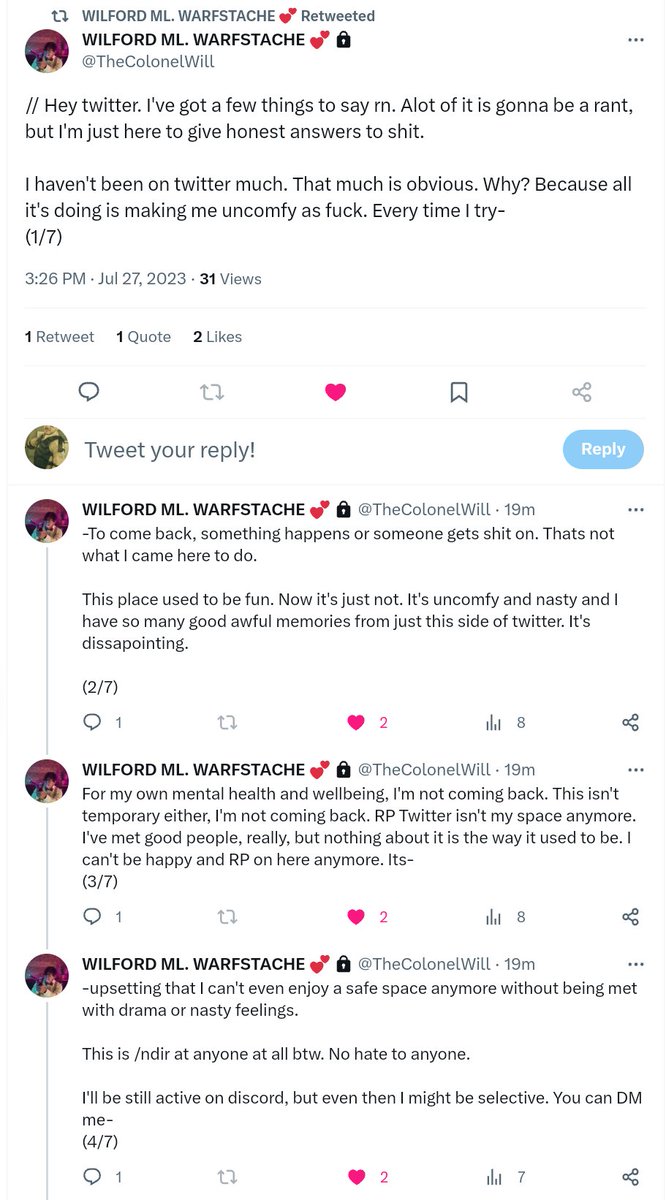 HotshotEngineer's tweet photo. //❗❗Important (/srs), please read❗❗
Hey guys. 
My partner (@/TheColonelWill) has made the decision to permanently leave RPtwt and as far as I know it, twt as a whole. You can read his full announcement below.
(Yes, I did get permission to repost this.) https://t.co/qbPPYOXFPB