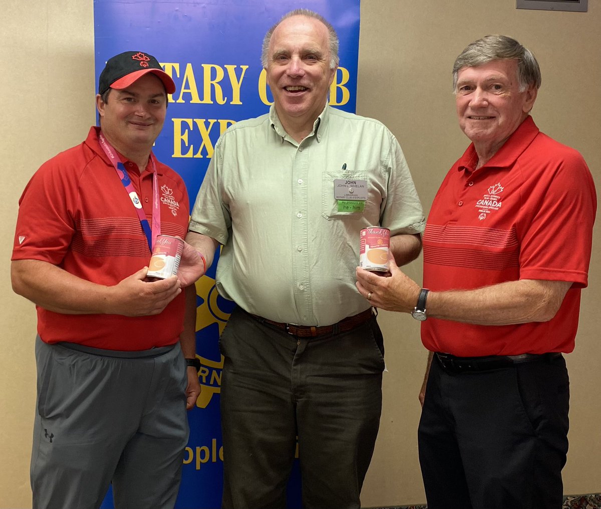 We were honoured to have <a href="/SpecialONL/">Special Olympics NL</a> Athlete Melvin Hanhams (left) &amp; his Local Head Coach Joe Tremblett (right) share their story today about #soteamcanada23 @SOWG_Berlin2023 

Club President John Whelan (centre) presenting them with a token of thanks with #UnbeatableTogether