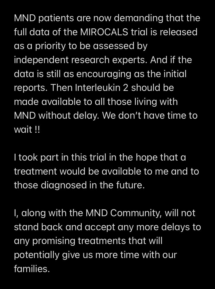 Not long after I was diagnosed with #MND in 2018, I joined a clinical trial called MIROCALS
In Dec 2022 the initial trial data showed a significant slowing of progression in trial participants who received low dose Interleukin 2.
The MND community are now demanding further action