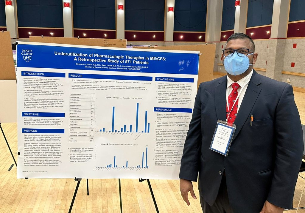 GrachStephanie's tweet photo. Thankful yet again for @MayoClinicGIM colleagues, this time for @Ravi_Ganesh_MD &amp; @ryanhurt9296 who braved 90°F in suits to get my poster for #IACFSME 2023 🌟 "Underutilization of Pharmacologic Therapies in #MECFS" from our recently completed chart review. https://t.co/O6dDMEEm8c