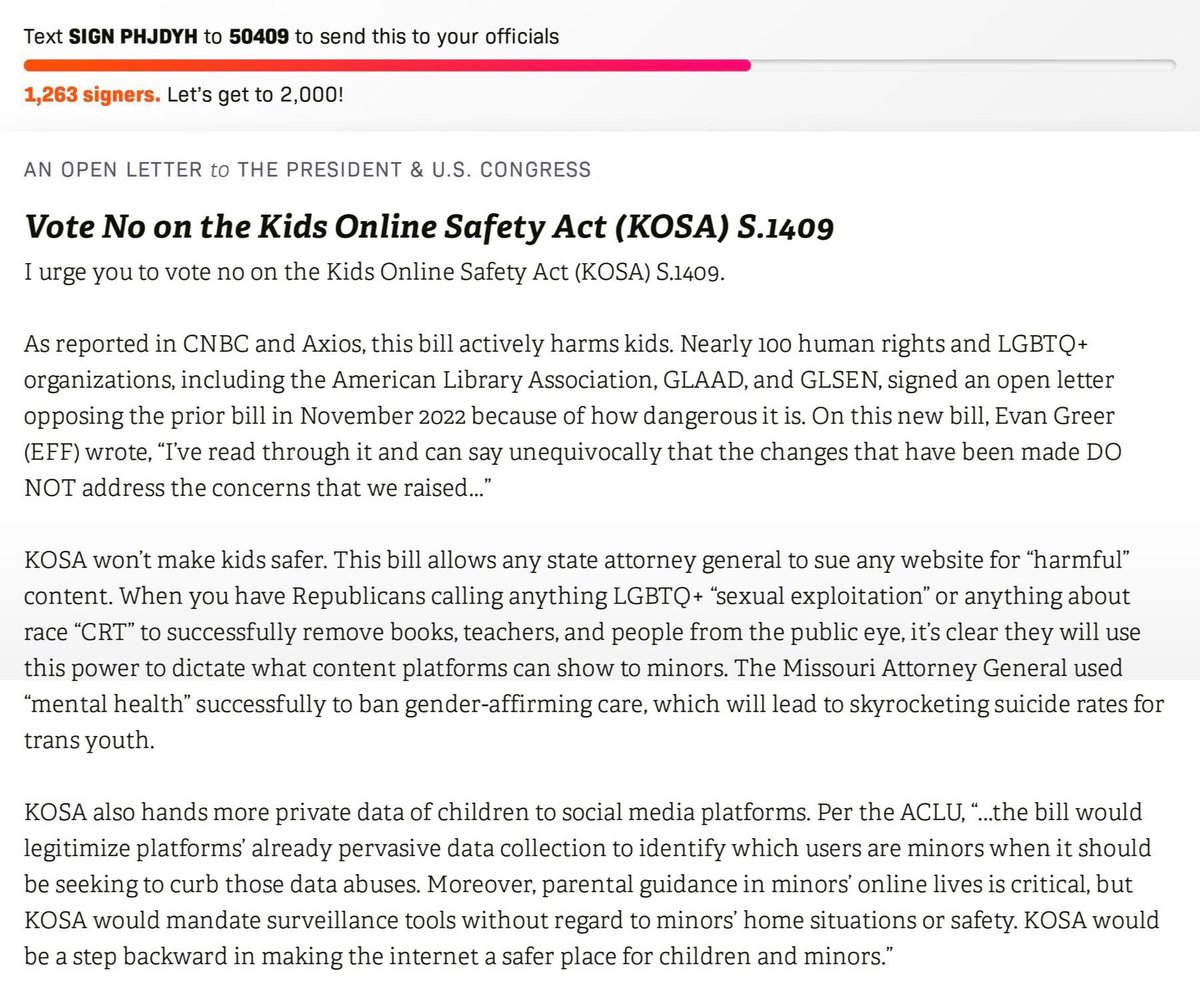 asterstrike's tweet photo. guys i hate to tweet stuff like this but it’s really important. 🧵

the kosa bill is going to be passed under the guise that it’s going to protect kids online but it’s going to lead to mass censorship instead.

🌟 please text SIGN PHJDYH to 50409 to send this letter to congress. https://t.co/0yZpIpgVlt