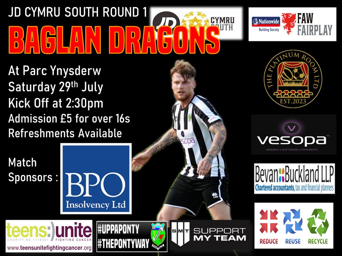 A reminder that we kick off our <a href="/CymruLeagues/">JD Cymru Leagues 🏴󠁧󠁢󠁷󠁬󠁳󠁿</a> season with the visit of <a href="/BaglanDragons/">Baglan Dragons</a> 

Sponsors :
Match: @BPOInsolvencyLtd 
Team: @ThePlatinumRoomLtd &amp; <a href="/vesopa_uk/">Vesopa</a>
Media: <a href="/bevanbuckland/">Bevan Buckland LLP</a> 

We Support: <a href="/teensunite/">Teens Unite</a> 
Support Us at : <a href="/Supportmyteam6/">Supportmyteam</a> 
#UppaPonty #ThePontyWay #Recycle
