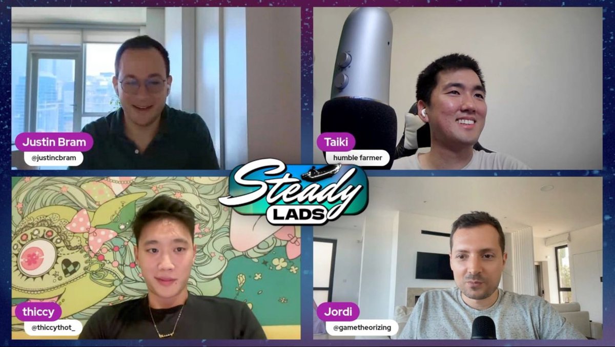The @0xSteadyLads podcast is coming to you soon with an all-star line up of @JustinCBram, @thiccythot_, and @gametheorizing Episode 1 was mostly Jordi lecturing us three 20-something-year-olds to be less degen with our money. Excited to share it with you all!