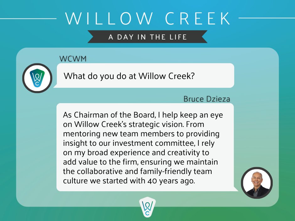 WcWealth's tweet photo. 🌟 Get to know the Willow Creek Team! 🌟 
This week, we talked with Bruce to find out what it's like as Willow Creek's Founder and Chairman of the Board.

To learn more about our amazing team, check out our website: https://t.co/Kt3lw03dpM https://t.co/vMcB0N10yD