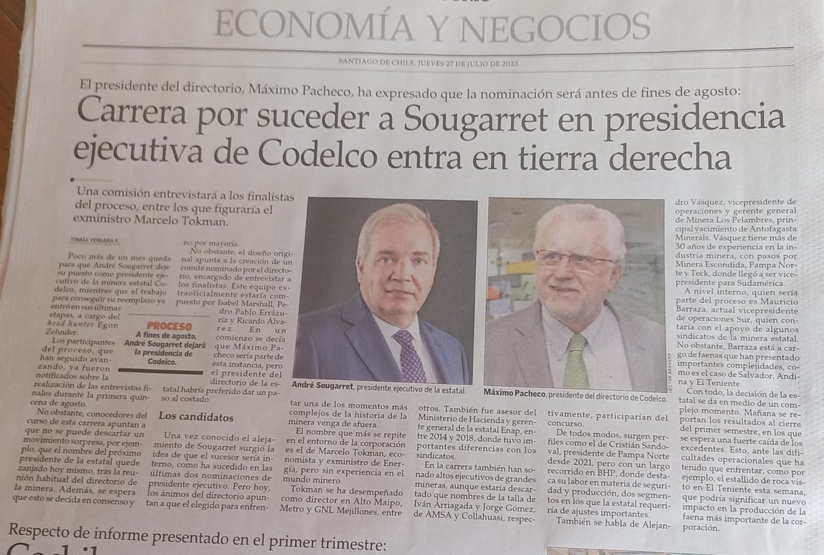 Nefasta Noticia. Si el Gobierno de Chile está pensando en Marcelo Tokman p/la Presidencia Ejecutiva de CODELCO mejor cerrar la puerta x fuera. Su paso por ENAP es hasta hoy sujeto de investigaciones y auditorías.Helicópteros/ Cambio de Logo/Cambio Edificio/PIAMM /LINDE Alto Maipo