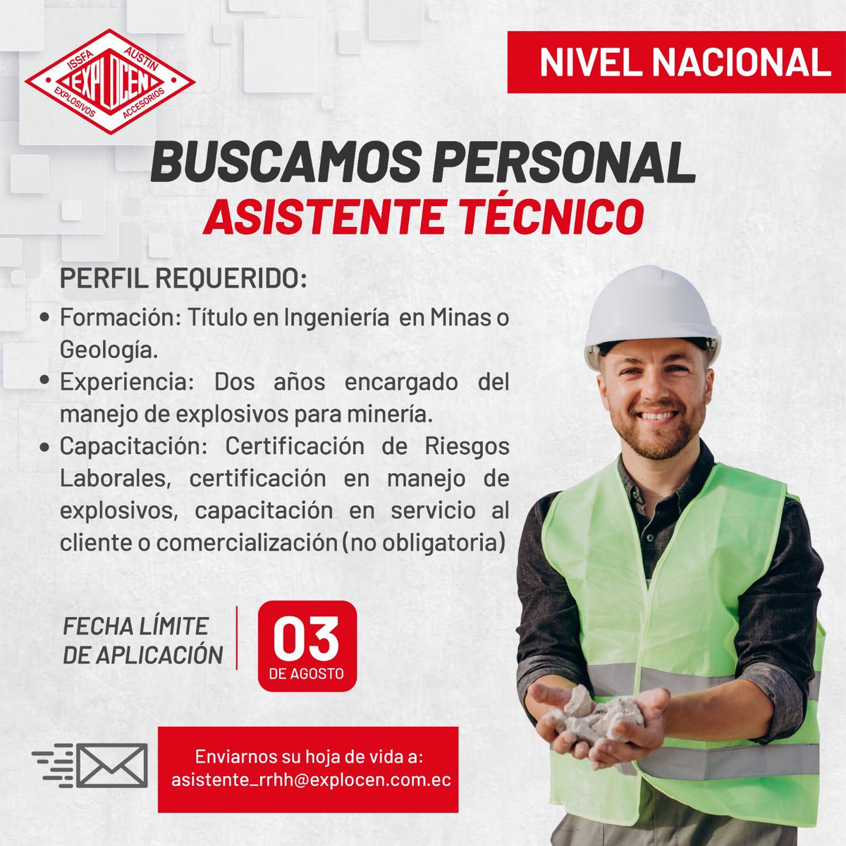 explocen's tweet photo. 👉🏻Estimada red, ♦️EXPLOCEN C.A está en la búsqueda de Asistente Técnico a nivel nacional.
✍🏼Interesados enviar su hoja de vida a asistente_rrhh@explocen.com.ec especificando el cargo en el asunto.
#sihaytrabajo #sihaycamello #vacante #TalentoHumano #explocen #NivelNacional https://t.co/uuUTjMbX3c