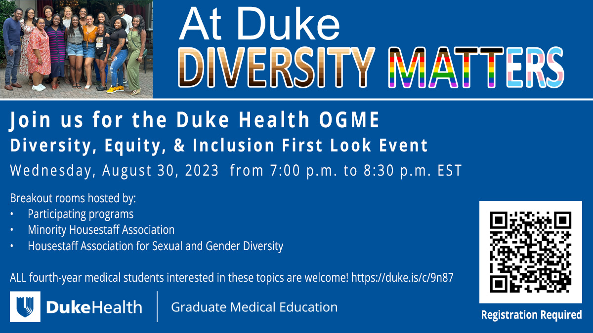 Thinking about where to go for residency? Interested in DEI topics? Come to Duke’s online DEI-Focused First Look Event on Wed., 8/30, 7-8:30pm ET & talk to program leaders, faculty, & residents. All 4th year med students welcome. Info & registration at linktr.ee/dukeogme