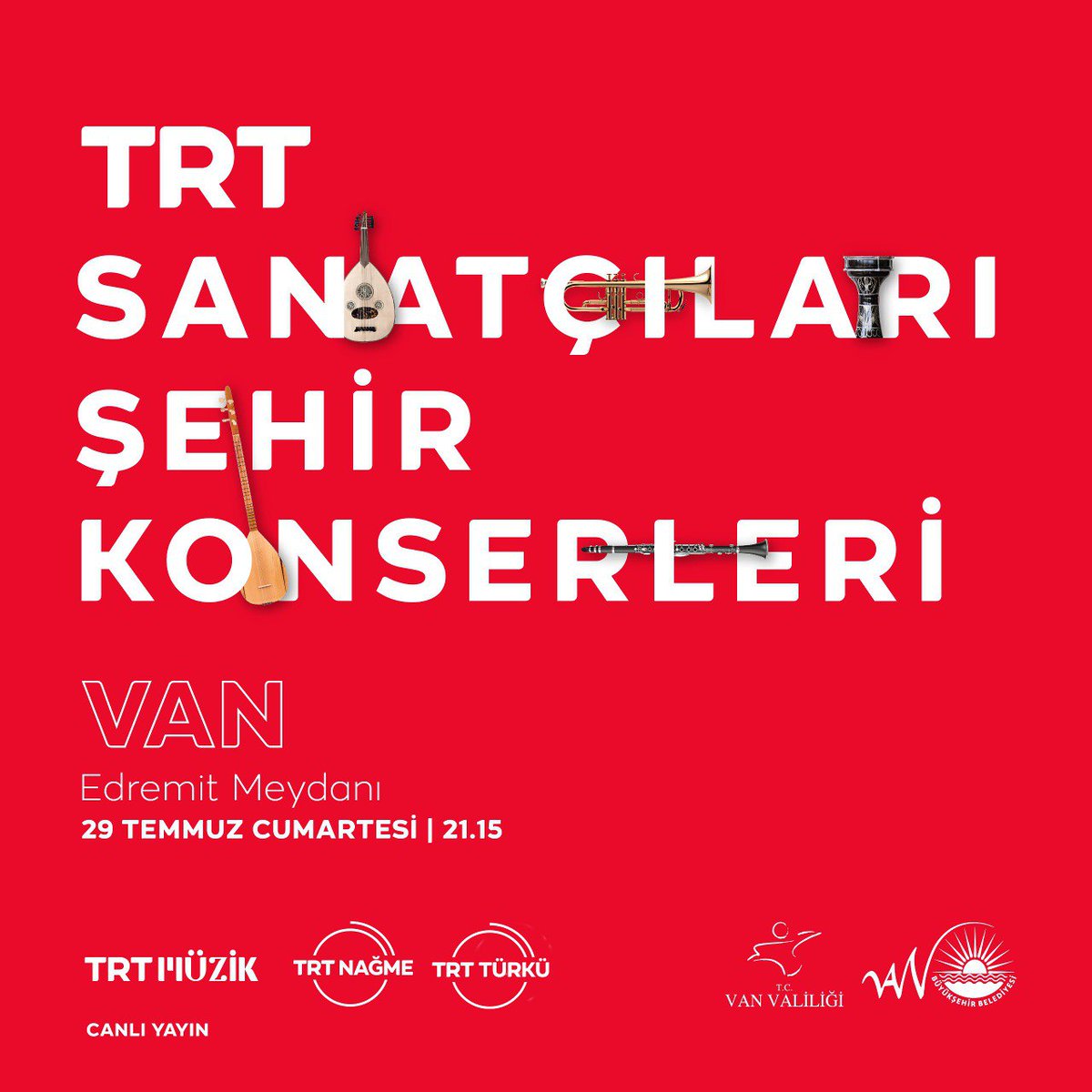 TRT Sanatçıları Şehir Konserleri kapsamında bu hafta #Van'dayız. Cumartesi akşamı saat 21.15'te #Edremit Kent Meydanı'ndaki konserimize herkesi bekliyoruz.