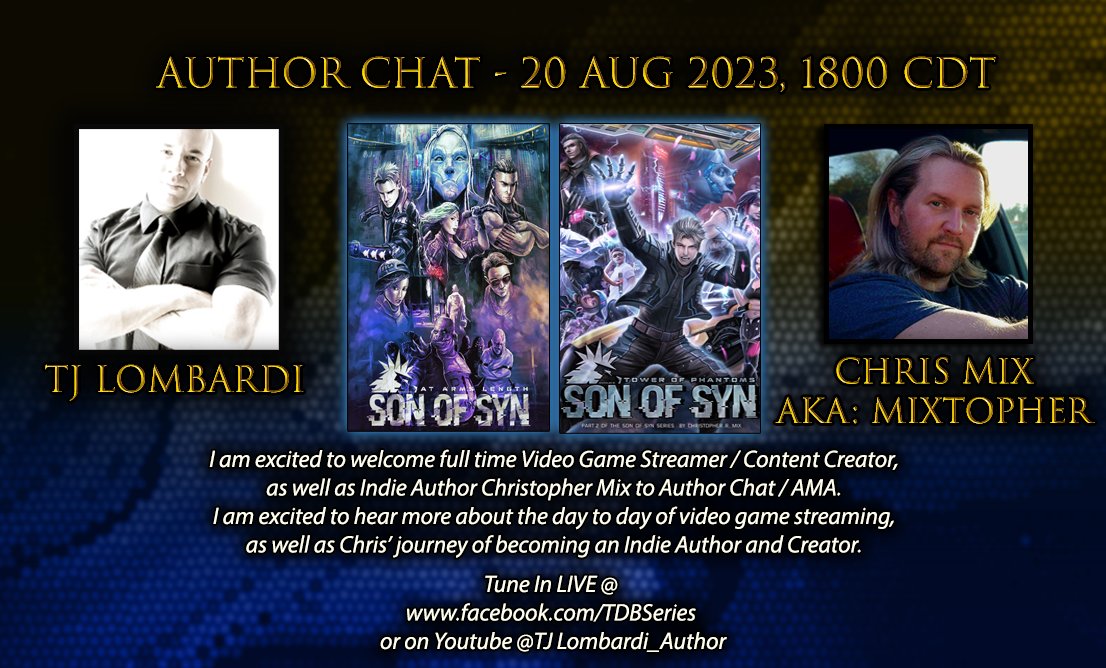 TjLombo_Author's tweet photo. I'm looking forward to this event with @MIXtopher !
I hope y'all will consider tuning in! #indie #author #cyberpunk #litrpg #fantasy #writer #booktok https://t.co/yAIEEv746j