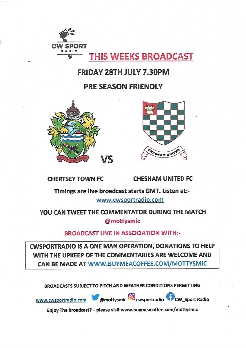 PLS RT Friday Night Footy! <a href="/cheshamutdfc/">Chesham United FC</a> away at <a href="/TheCurfews/">Chertsey Town FC</a> PSF. IYCMI do have a listen.. @bbc3cr <a href="/ChilternVoice/">ChilternVoice</a> <a href="/WycombeSound/">Wycombe Sound</a> <a href="/RadioDacorum/">Radio Dacorum</a> <a href="/cufc_generals/">CUFC Fans</a> <a href="/Chess_Suite/">The Chess Suite</a> <a href="/CheshamCouncil/">Chesham Town Council</a> <a href="/cheshamutdlfc/">Chesham United FC Women</a> <a href="/cheshamtown/">Chesham Town</a> <a href="/taskmaster/">Taskmaster</a> <a href="/bucksfreepress/">Bucks Free Press</a> <a href="/BerksandBucksFA/">Berks & Bucks FA</a> <a href="/bucks_herald/">Bucks Herald</a>