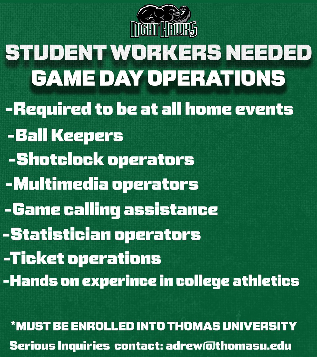 CALLING ALL TU STUDENTS! Our Athletic Communications department is currently hiring game-day staff members! For all serious inquiries please reach out to the email address below ⬇️!
