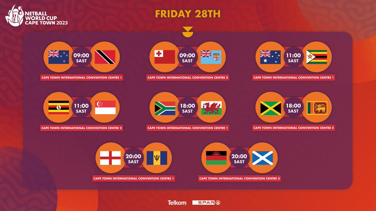 WorldNetball_'s tweet photo. It is time to #PutYourHandsUp Netball Family🤩

The @NetballWorldCup is HERE🇿🇦

Here is your schedule for day 1⬇️

Don’t forget you can tune in from wherever you are in the world👇

https://t.co/geUMoH9NEX

#NWC2023 | #NetballFamily https://t.co/gdjveofbTh