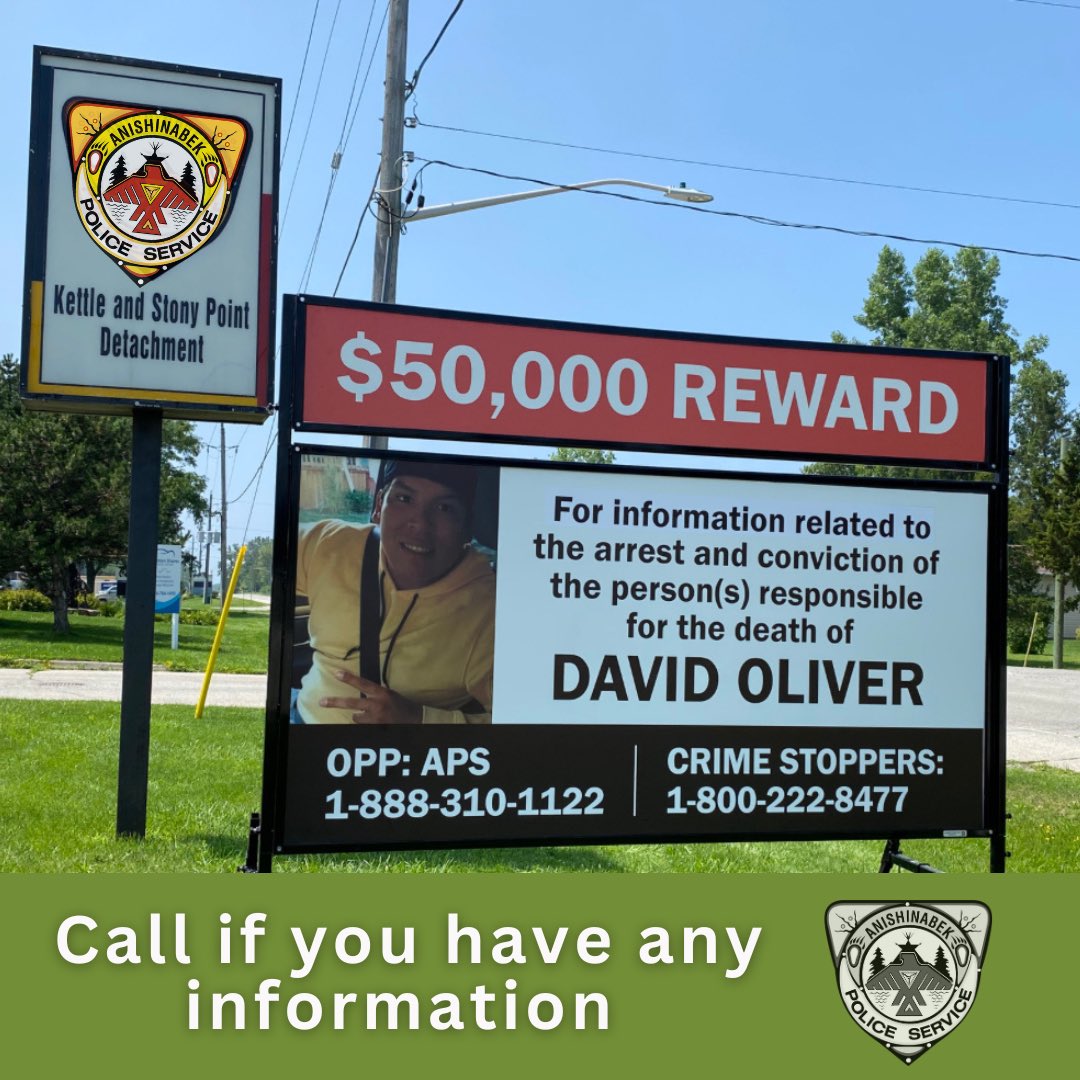APScops's tweet photo. APS & OPP are hoping new billboards will help solve the homicide of David Jordan Oliver of Kettle & Stony Point First Nation. He was found deceased on Army Camp Road Aug 2, 2020. #apscops #unsolved #CallPolice #IfYouKnowSomethingSaySomething #PublicAssistance https://t.co/FlMrKLao8U