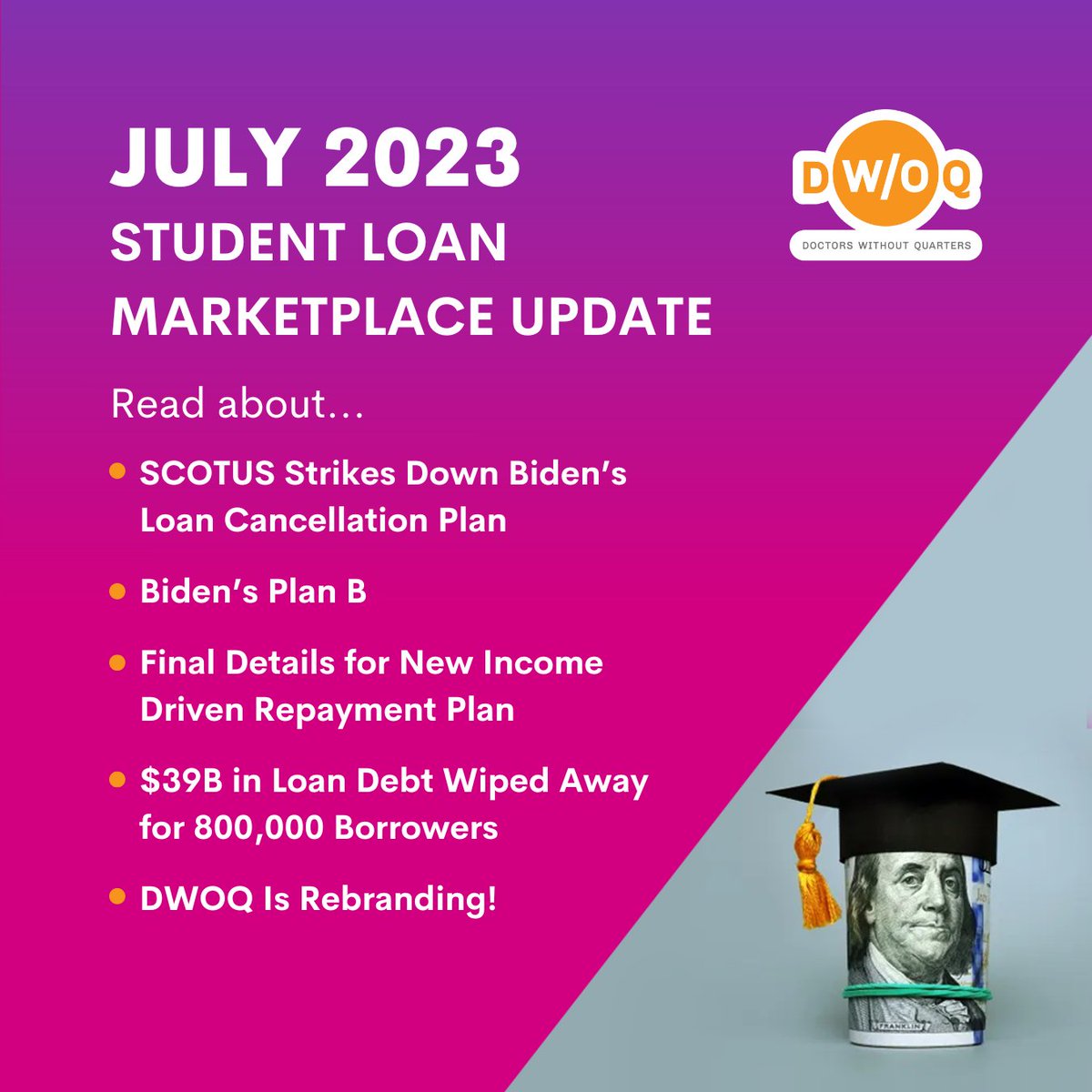 docswoquarters's tweet photo. Happy July! ☀️ Our monthly Student Loan Updates blog post is live: millions of student loan borrowers have been disappointed with the lack of expected loan forgiveness, while 800,000 borrowers will see their loans discharged. Read the full update at https://t.co/0xS1YBx60q. https://t.co/W8NBi1dNYt