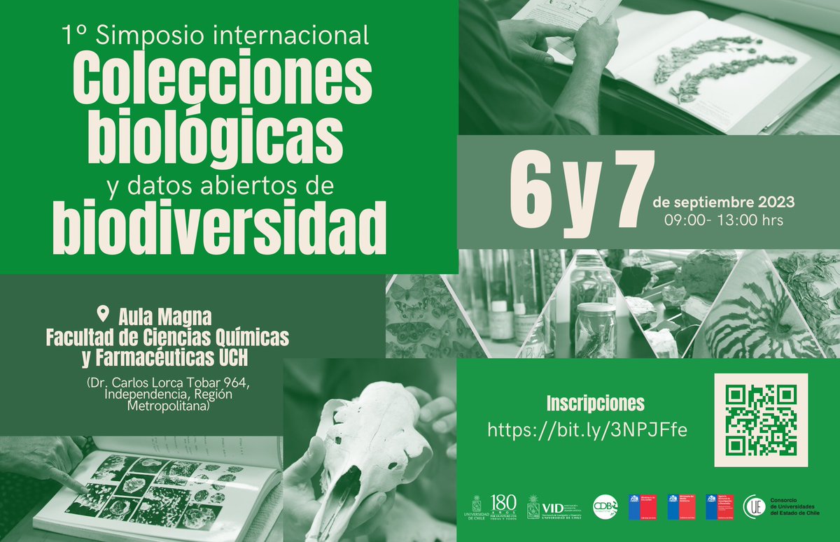🟢ATENCIÓN COMUNIDAD🟢
El Comité de Diversidad Biológica de la Universidad de Chile invita al simposio internacional "Colección biológica y datos abiertos de biodiversidad", que se llevará a cabo el 6 y 7 de septiembre. 🌿
Inscríbete en el siguiente link:
bit.ly/3NPJFfe