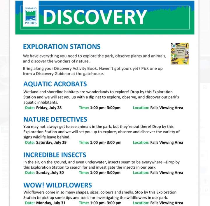 Planning on visiting us this weekend? Check out the exciting discovery programs being held at Sauble Falls!🌞🐛🐦🌿