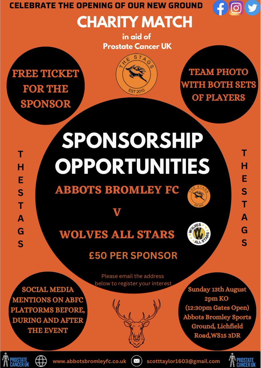 abbotsbromleyfc's tweet photo. CHARITY MATCH UPDATE 🔔 

Abbots Bromley FC v @WolvesAllstars 

📆 Sunday 13th August / ⏰ 2pm KO

TICKETS 
SPONSORSHIP 
VOLUNTEER OPPORTUNITIES 

AVAILABLE ☑️ 

📧 Scotttaylor1603@gmail.com if you would like to support the day in aid of @ProstateUK 

#upthestags 🦌🦌🦌 https://t.co/WpmRrkAtqI