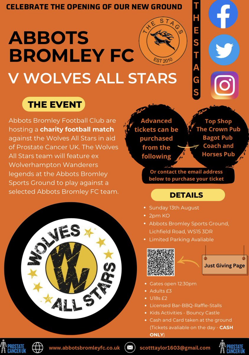 abbotsbromleyfc's tweet photo. CHARITY MATCH UPDATE 🔔 

Abbots Bromley FC v @WolvesAllstars 

📆 Sunday 13th August / ⏰ 2pm KO

TICKETS 
SPONSORSHIP 
VOLUNTEER OPPORTUNITIES 

AVAILABLE ☑️ 

📧 Scotttaylor1603@gmail.com if you would like to support the day in aid of @ProstateUK 

#upthestags 🦌🦌🦌 https://t.co/WpmRrkAtqI