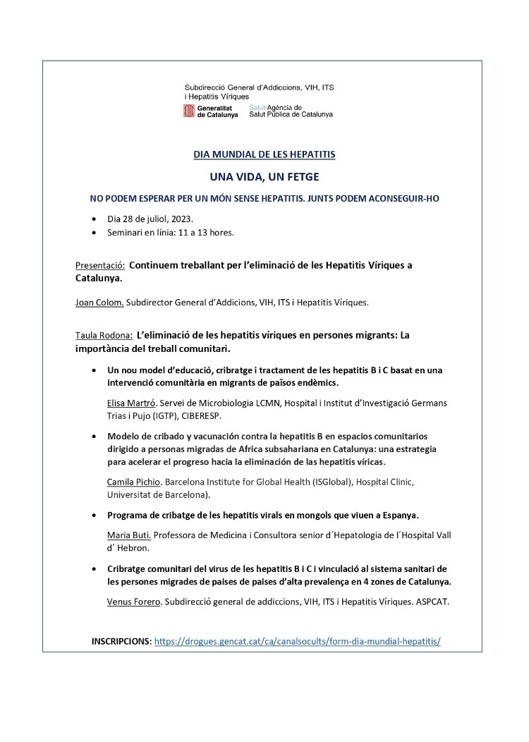 El 28 és el #WorldHepatitisDay #DiaMundialHepatitis 🦠
𝗨𝗻𝗮 𝘃𝗶𝗱𝗮, 𝘂𝗻 𝗳𝗲𝘁𝗴𝗲

Contenta de participar en aquest webinar de l’#ASPCAT parlant dels projectes #HepClink #HepBClink en persones migrants, junt amb J.Colom, @capicchio @Mariabutif i V.Forero

Inscriu-te aquí 👉