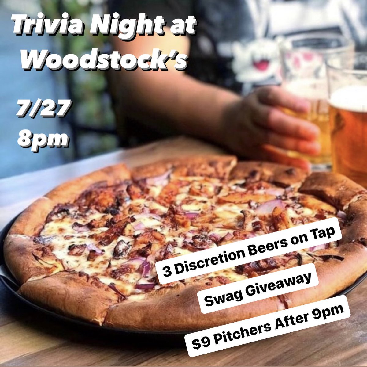 Come on down to @WoodstocksCruz tonight (Thurs 7/27) @ 8pm for Trivia & Beer, featuring Discretion! - 3 Discretion beers on tap - $9 pitchers after 9pm - Discretion swag giveaway - Discretion Rep on site (Toph!) Downtown? Also find us on tap at @ElPalomarCA & @Cruzkitchen2