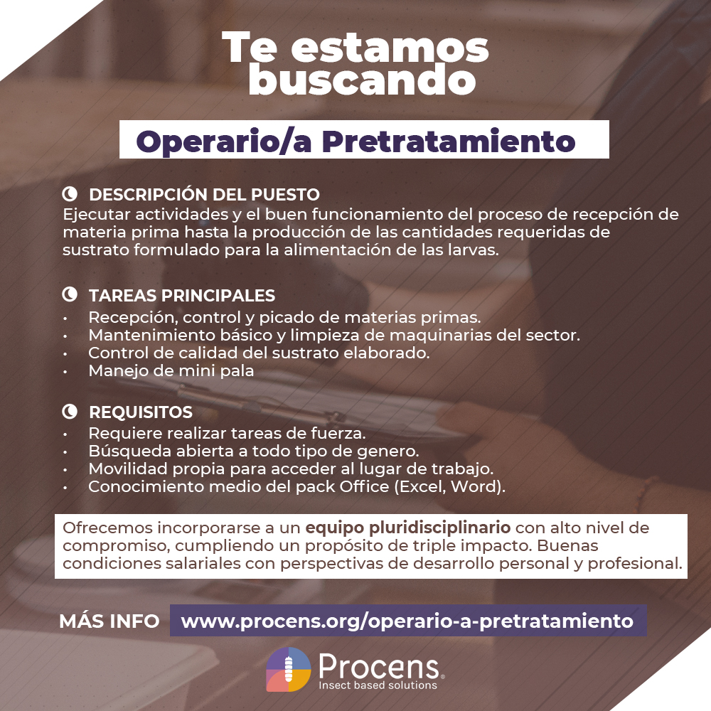 Estamos buscando una persona para incorporarse a un equipo unido y dinámico 🐛🌍
Ofrecemos buenas condiciones de contratación, un buen clima y ambiente laboral.
👉 Si te interesa manda tu CV a procens.org (Trabajá con nosotros) o directamente a rrhh@procens.org