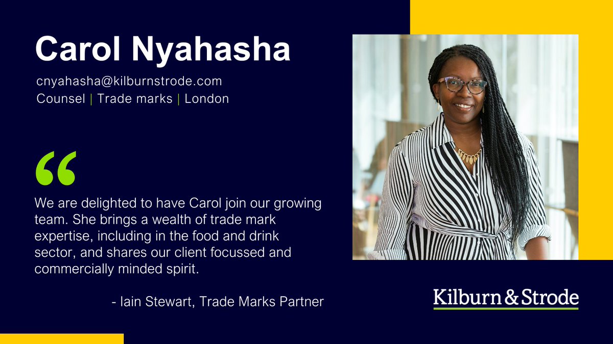 Our trade marks group welcomes Counsel Carol Nyahasha to the team. Carol has experience managing a wide range of portfolios for clients in various sectors particularly the food and drinks sector. kilburnstrode.com/people/carol-n…