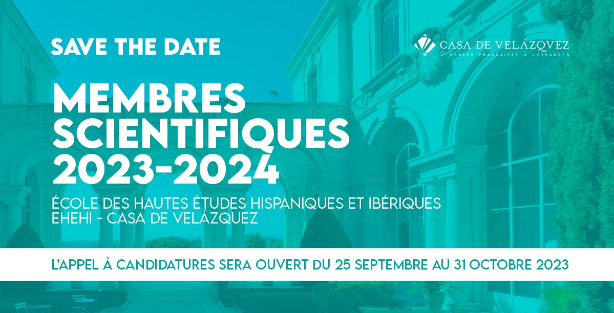 casadevelazquez's tweet photo. 🔵#SAVETHEDATE La campagne de sélection des membres scientifiques de l'EHEHI pour l'année 2024-2025 sera ouverte du 25 septembre au 31 octobre 2023.
#12mois #17postes #Postdoc #SHS #Humanités
🔗 https://t.co/WQ42f8Qy2z https://t.co/aev8AJcZDw