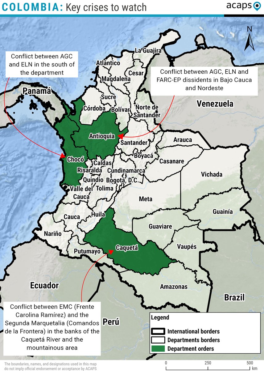 In <a href="/ACAPSproject/">ACAPS</a> we identified three crises that are likely to deteriorate over the next six months in Colombia: Antioquia, Caquetá and Chocó. The uneven progress of Total Peace and the exclusion of some armed groups could encourage new conflicts.

➡️➡️: acaps.org/en/countries/a…