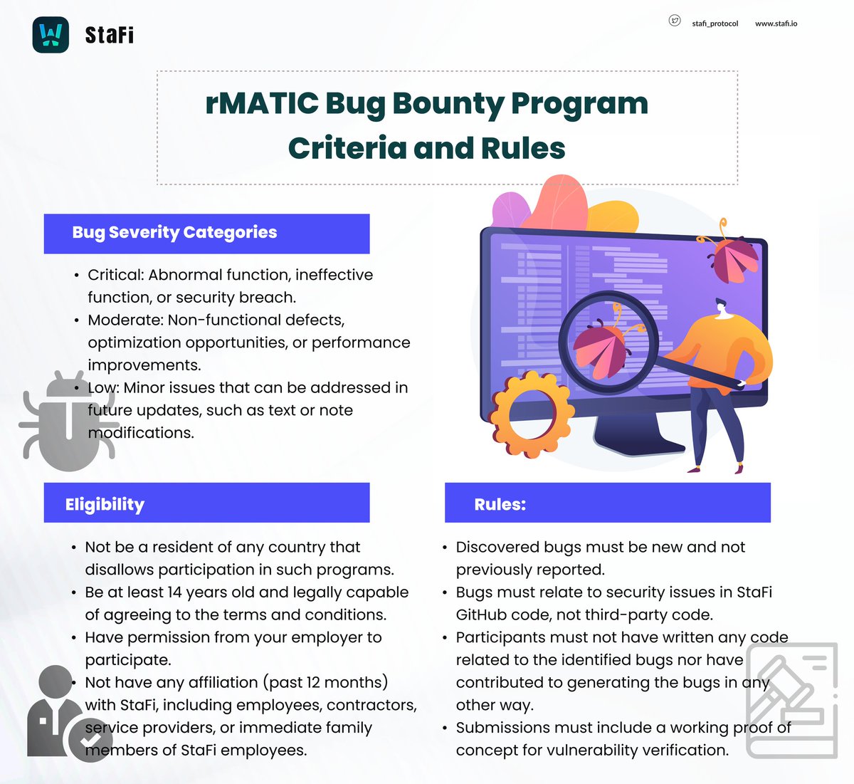_brownish6's tweet photo. 🎯 Ready for the challenge?
🎯 Discover bugs and win big with rMATIC Bug Bounty!
🏆 Check out the criteria: 🔹 Critical - Security breaches 🔹 Moderate - Performance improvements 🔹 Low - Minor issues
Learn more in the infographic below
#BugBounty #rMATIC #DeFi #ETH https://t.co/87KVdpzdtb