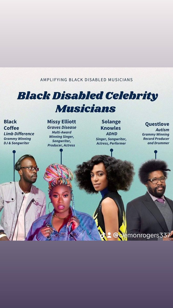 Prominent Black Disabled Musicians from @diversability

#disability #blackmusic #blackdisabled  #blackdisabledlivesmatter #disabilitypridemonth #disabilityawareness #accessibiilty #musicians #blackartists #disabilityculture #disabledmusicians