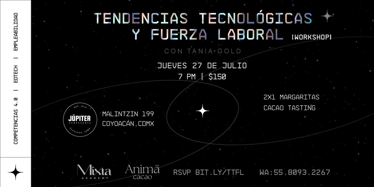 HOY JUE 27/07 - 7PM⚡lxs espero en mi nuevo #workshop: "tendencias tecnológicas y #fuerzalaboral"📍jupiter #cdmx 🎟 RSVP: bit.ly/ttfl

patrocina con mucho amor #animacacaomx 🍫
gracias a <a href="/coronaoso/">Dr Jesús Corona Osornio ☆☆☆</a> por sumarse como experto invitado

#workforce #industry40 #edtech