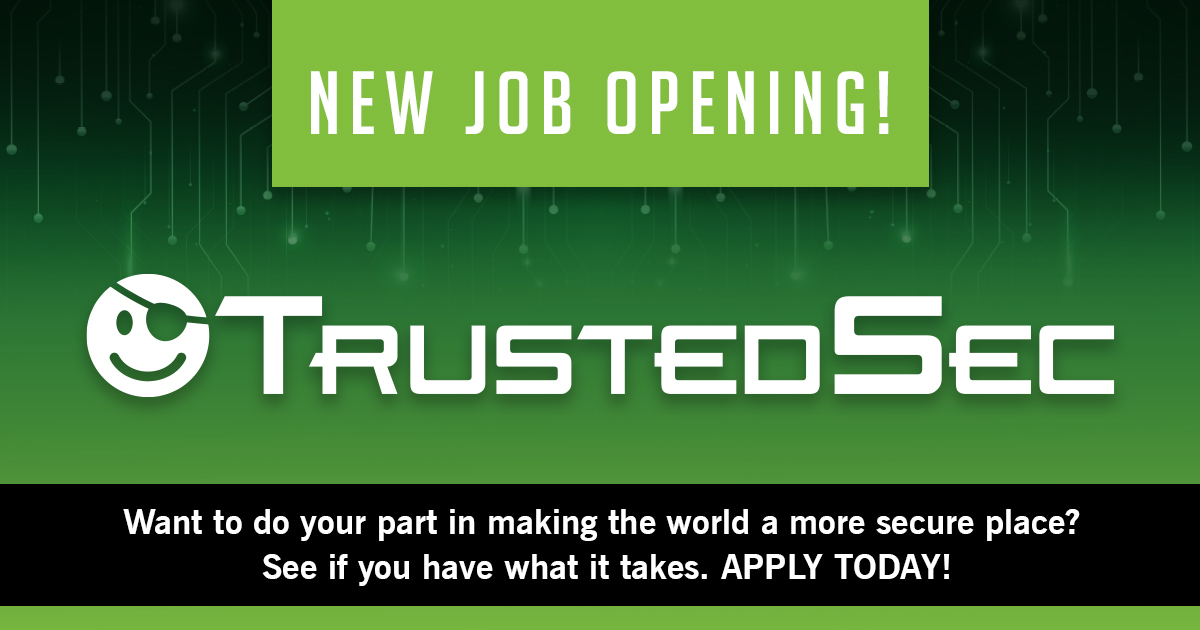 We're hiring! 📣 TrustedSec is currently seeking a passionate information security professional to join our Software Security Team. Read more about the position Security Consultant - Application Security and our amazing benefits on our website. Apply now!
hubs.la/Q01Z82rJ0