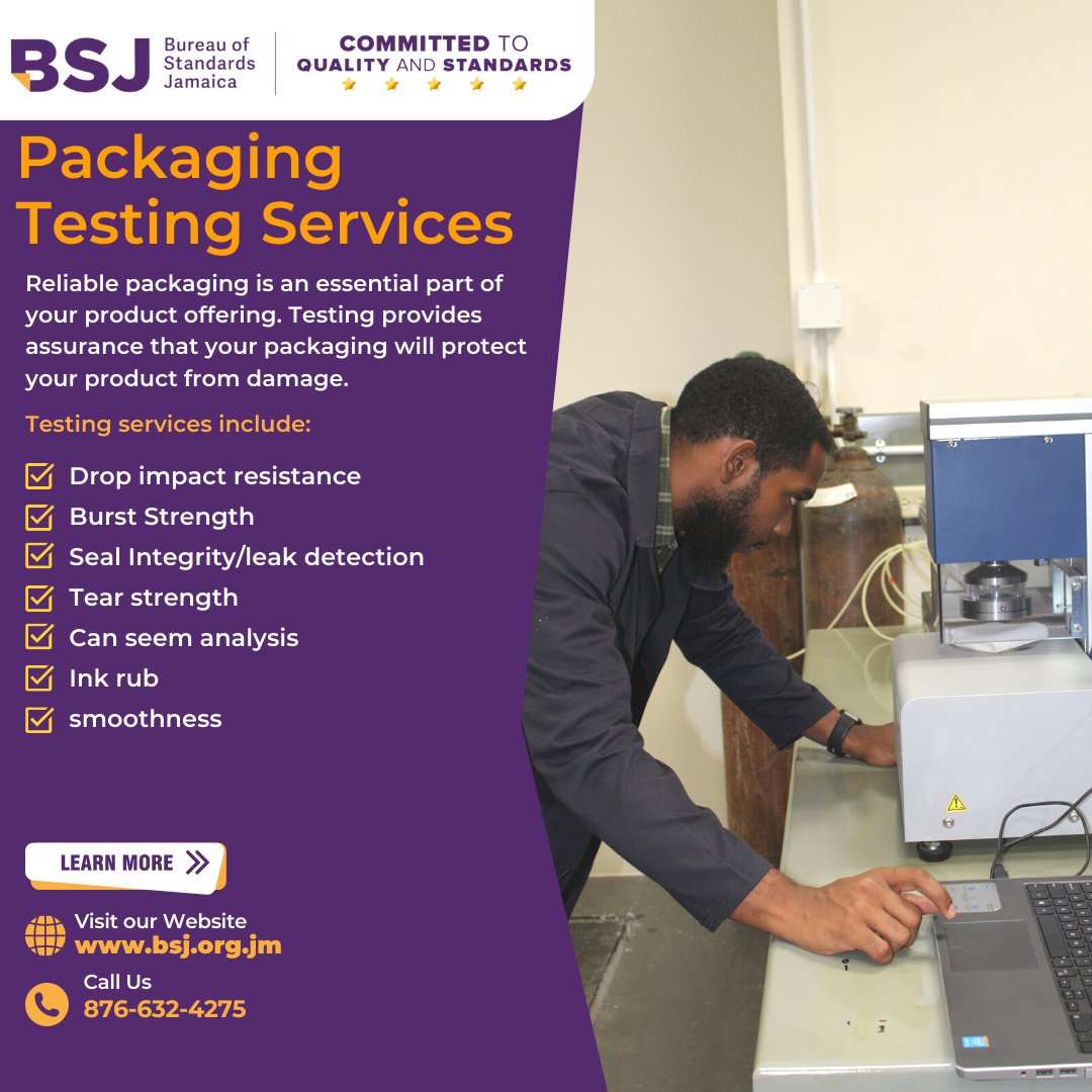 🧵1/2.
The Bureau of Standards Jamaica (BSJ) offers Packaging Testing that can help you demonstrate the quality, safety, and compliance of your packaging materials and packages with national and international standards.