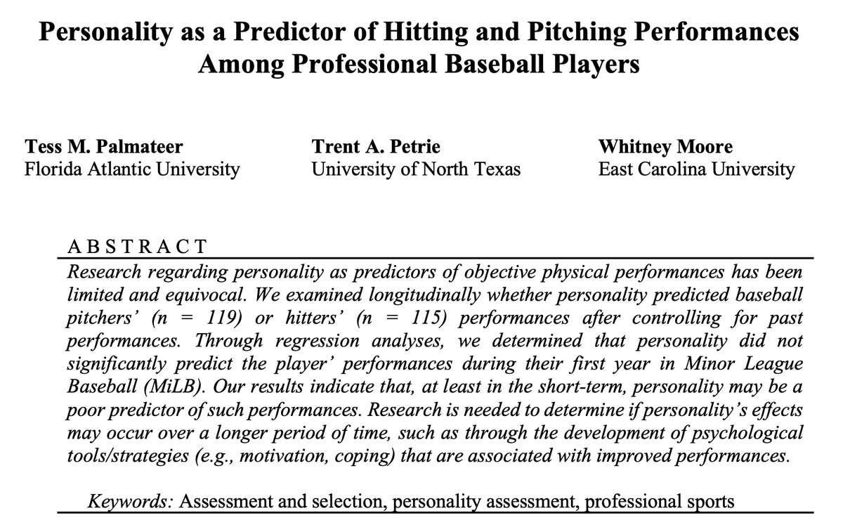 JADE_Research's tweet photo. Can a pitcher or hitters personality impact their performance? @DrTessPalmateer @ewgm10 examined this in their paper. This study is one of the first to use a longitudinal design &amp; relate personality to objective performance measures in sport. Find it here: https://t.co/xcT92kT1Co https://t.co/dK8xsKuEr3