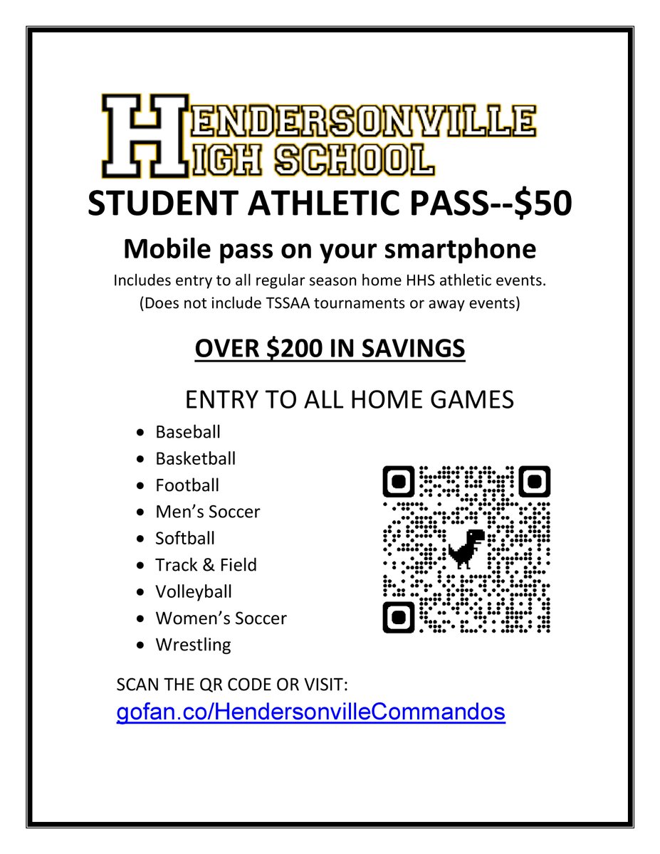 HHS STUDENTS, purchase your year-long athletics pass today on GoFan.  $50 will get you into all TSSAA regular season events for the school year.
gofan.co/event/1025230?…